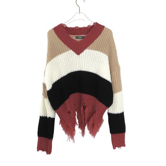 SHEIN Colorblock Sweater Pink Black Tan V-Neck Striped Sweater Small - Picture 1 of 6